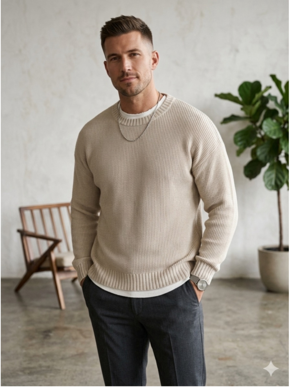 Hollister Beige Ribbed Knit Boxy Crewneck Sweater Drop Shoulder S. 1957